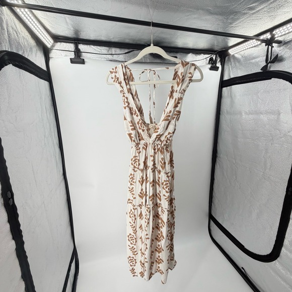 Salty Lemon Dresses & Skirts - Salty Lemon Boho Tiered Midi‎ Dress V-Neck Tassel Tie Back M Flowy Tan Cream